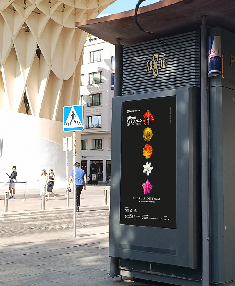 Cartel noche en blanco en un kiosko